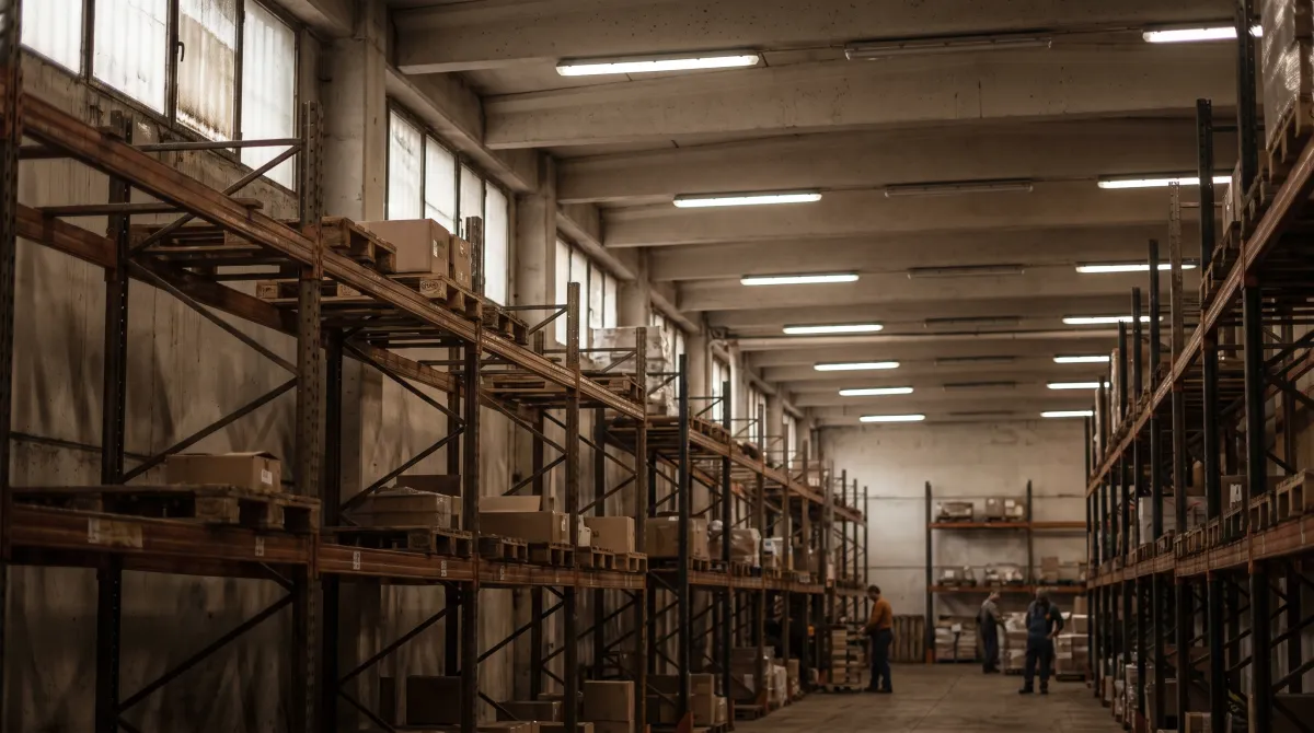 Corsia di magazzino con scaffalature alte illuminata da plafoniere LED industriali a soffitto