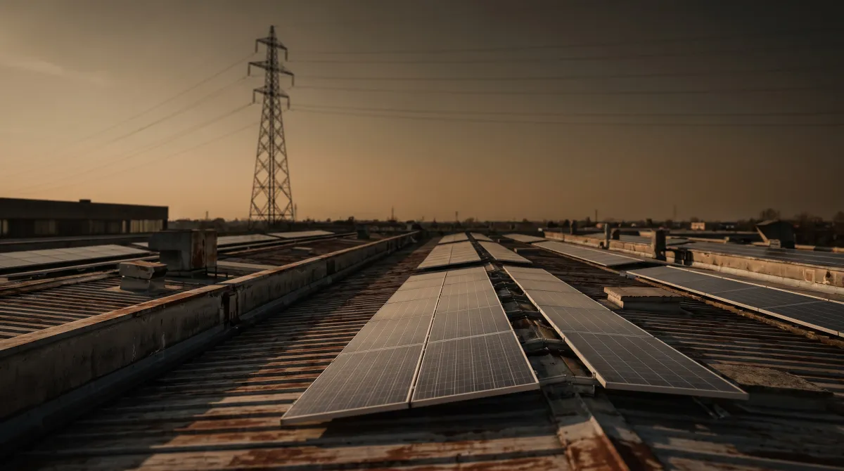 Impianto fotovoltaico sul tetto di una fabbrica con traliccio elettrico sullo sfondo