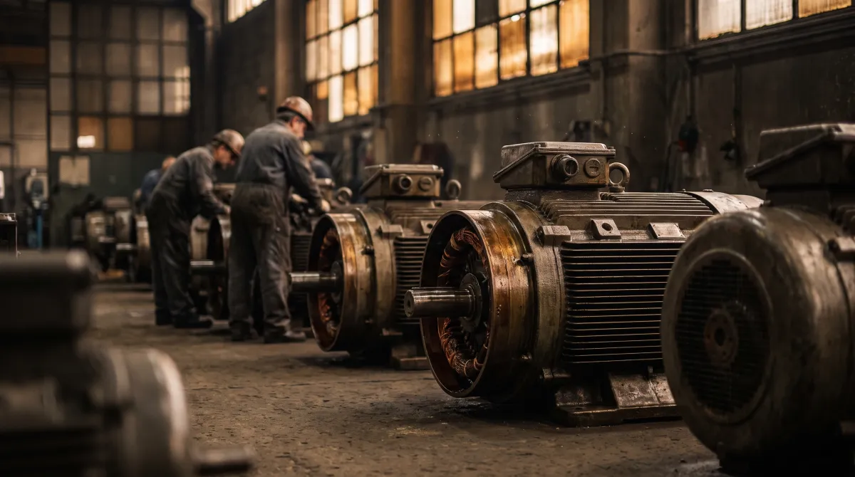 Fila di grandi motori elettrici industriali sul pavimento di uno stabilimento