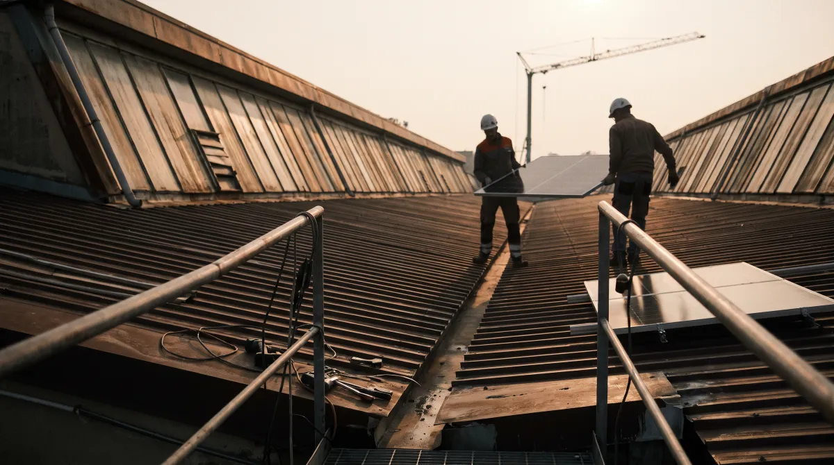 Installazione fotovoltaica in corso sul tetto di un capannone con due installatori in lontananza